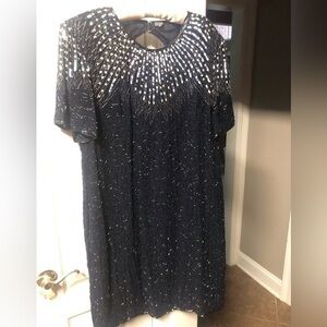 Vintage Navy Blue Beaded and Sequined Cocktail Dress Size Large